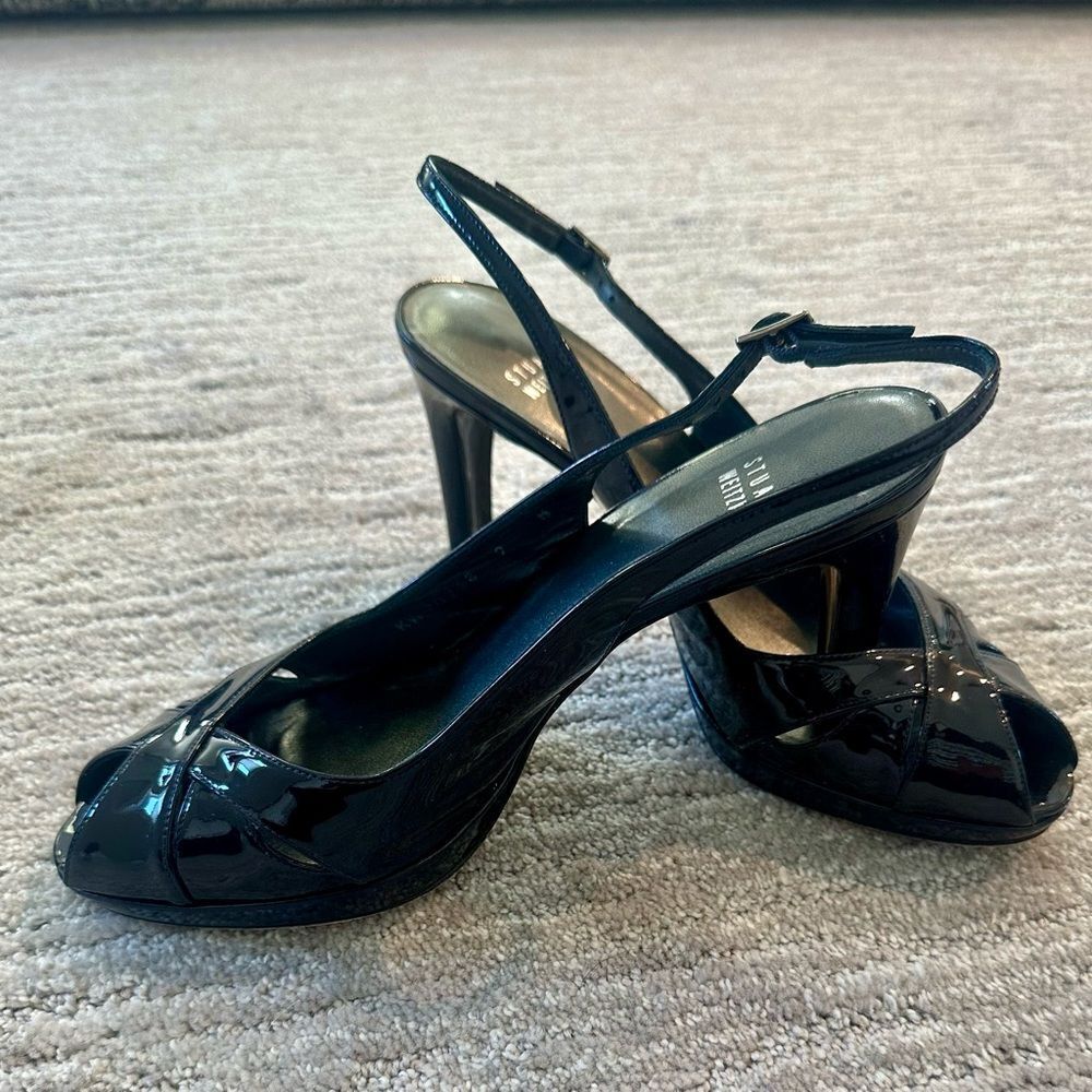 Stuart Weitzman Peekapoo black patent leather slingback shoe size 9 - Picture 5 of 6